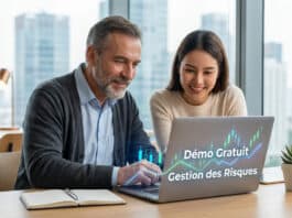 Comment apprendre le trading avec IG : Guide débutant 2026 Un homme et une femme souriants regardent un laptop affichant des graphiques de trading et les textes "Démo Gratuit" et "Gestion des Risques".