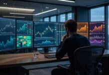 IG vs Saxo Banque : Quel courtier pour les traders exigeants ? Homme de dos devant 5 écrans affichant des graphiques boursiers et données financières dans un bureau moderne avec vue sur ville.