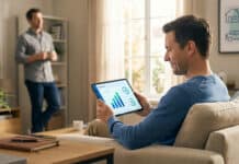 Demande de prêt personnel en ligne : tout vérifier avant de signer en 2026 Homme sur canapé consulte une tablette avec tableau de bord financier pour prêt en ligne. Deuxième homme debout en arrière-plan dans salon moderne.