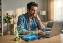 Comment investir 1000 euros en bourse ? Un homme concentré consulte des graphiques financiers numériques sur une tablette devant un ordinateur portable.