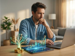 Comment investir 1000 euros en bourse ? Un homme concentré consulte des graphiques financiers numériques sur une tablette devant un ordinateur portable.