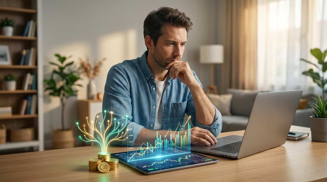 Investir 1000 euros en bourse avec succès Un homme concentré consulte des graphiques financiers numériques sur une tablette devant un ordinateur portable.