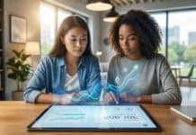 eToro Academy : comment apprendre à investir ? Deux femmes examinant des graphiques financiers numériques sur une tablette dans un bureau moderne.