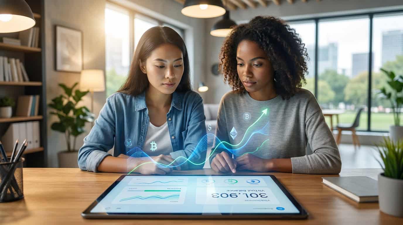 Apprendre à investir avec eToro Academy Deux femmes examinant des graphiques financiers numériques sur une tablette dans un bureau moderne.