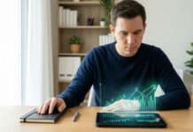 Trading débutant : quelles erreurs éviter ? Un jeune homme analyse des graphiques boursiers en réalité augmentée sur sa tablette dans un bureau moderne.