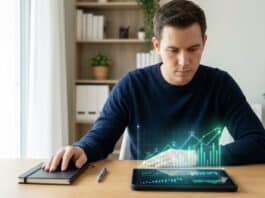 Trading débutant : quelles erreurs éviter ? Un jeune homme analyse des graphiques boursiers en réalité augmentée sur sa tablette dans un bureau moderne.