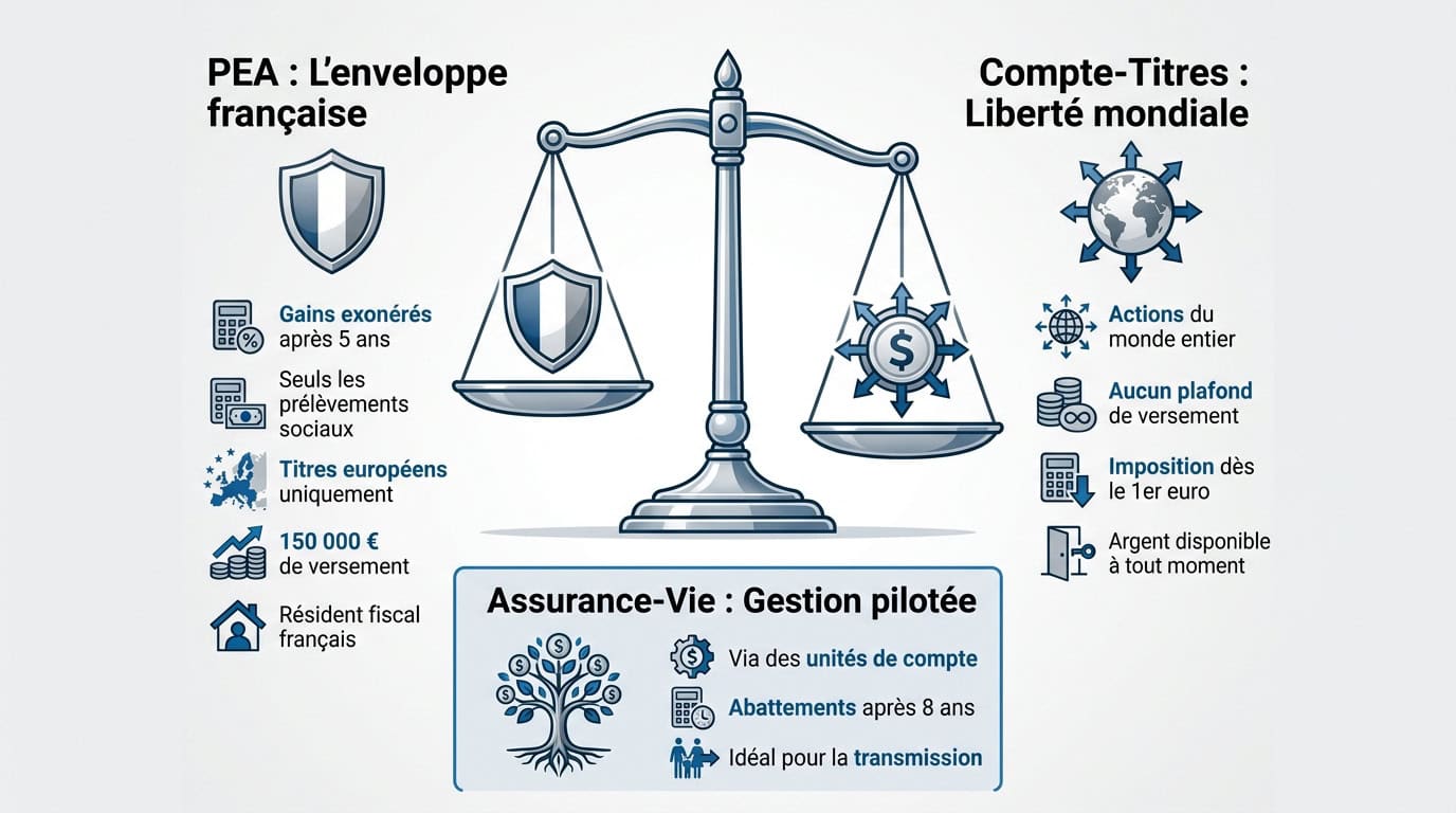 Tableau comparatif des avantages fiscaux entre PEA, Compte-titres et Assurance-vie