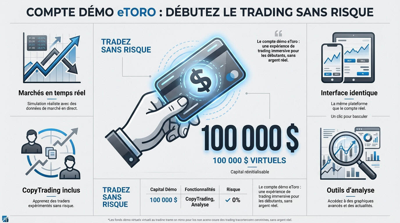 Interface du compte démo eToro montrant le portefeuille virtuel de 100 000 dollars