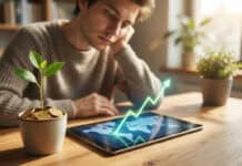 ETF PEA débutant : comment démarrer ? Un jeune homme observe une tablette affichant une courbe de croissance au-dessus d'une plante poussant dans des pièces.