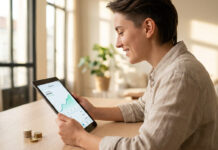 Comment investir en bourse avec peu d’argent ? Une personne souriante consulte une courbe de progression boursière sur une tablette avec quelques pièces sur la table.