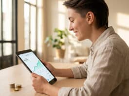 Comment investir en bourse avec peu d’argent ? Une personne souriante consulte une courbe de progression boursière sur une tablette avec quelques pièces sur la table.