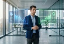 Compte-titres ou PEA : lequel choisir ? Un homme d'affaires dans un bureau moderne analyse des graphiques financiers holographiques.