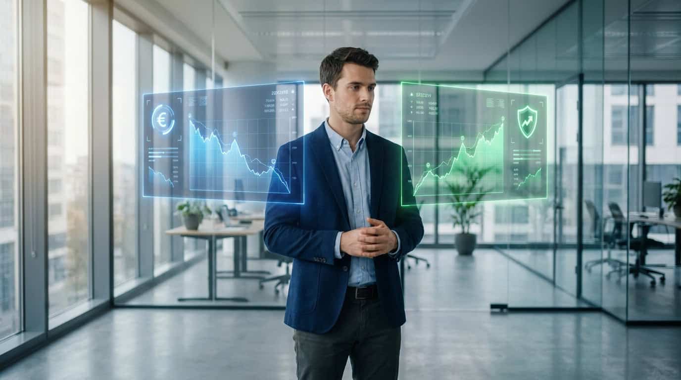 Choisir entre Compte-titres et PEA : le guide Un homme d'affaires dans un bureau moderne analyse des graphiques financiers holographiques.