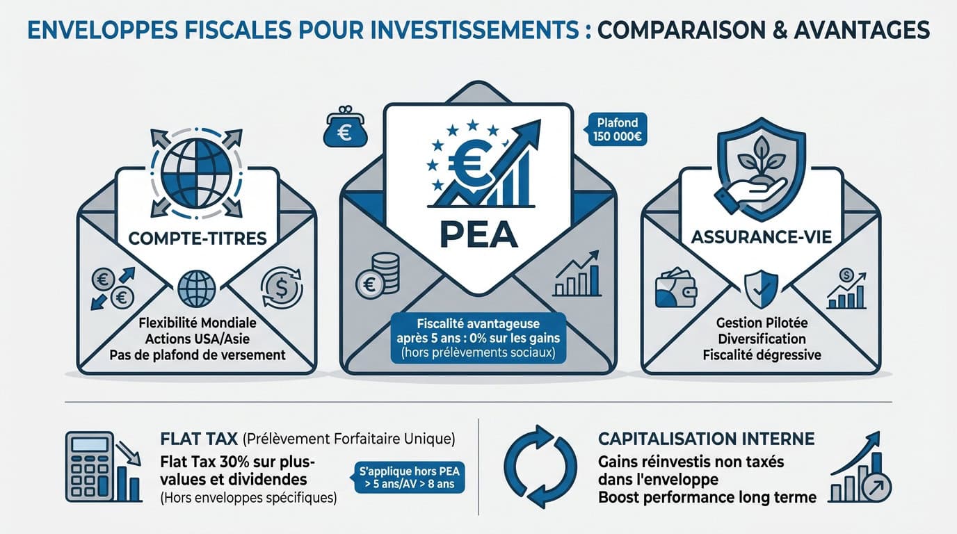 Comparatif des enveloppes fiscales PEA assurance-vie et compte-titres