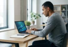 Comment acheter une action quand on débute ? Un homme concentré consulte des graphiques boursiers sur son ordinateur portable dans un bureau moderne.