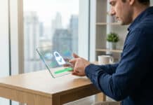 Comment ouvrir un compte eToro en 2026 ? Un homme utilise une tablette tactile transparente avec une icône de cadenas pour sécuriser son compte eToro.