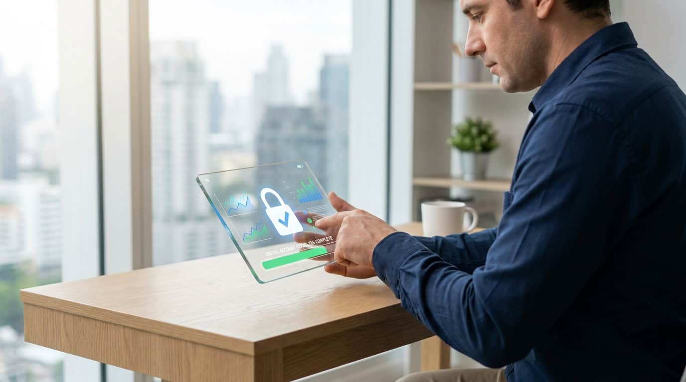 Créer son compte eToro : sécurité et technologie Un homme utilise une tablette tactile transparente avec une icône de cadenas pour sécuriser son compte eToro.