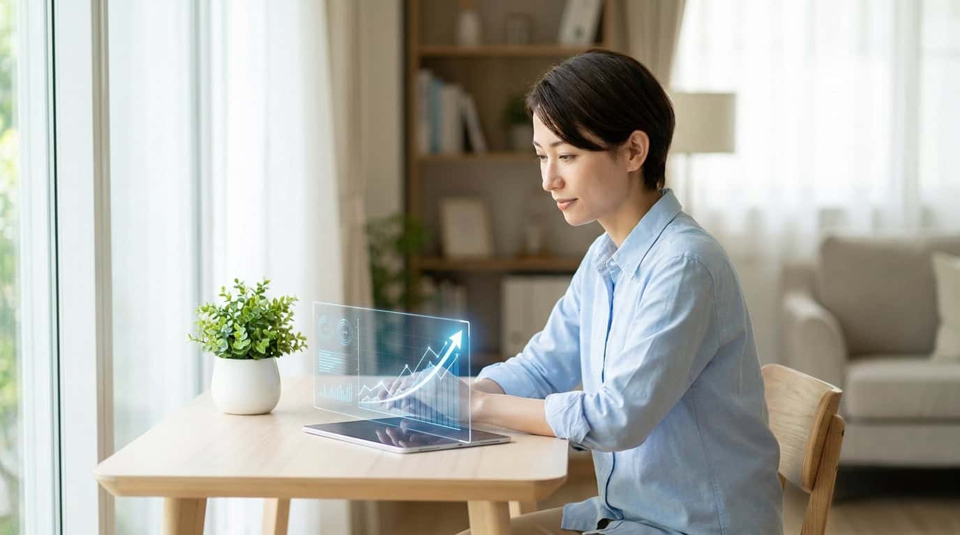 Débuter en bourse : investir simplement Une femme consulte des graphiques boursiers en réalité augmentée sur sa tablette.