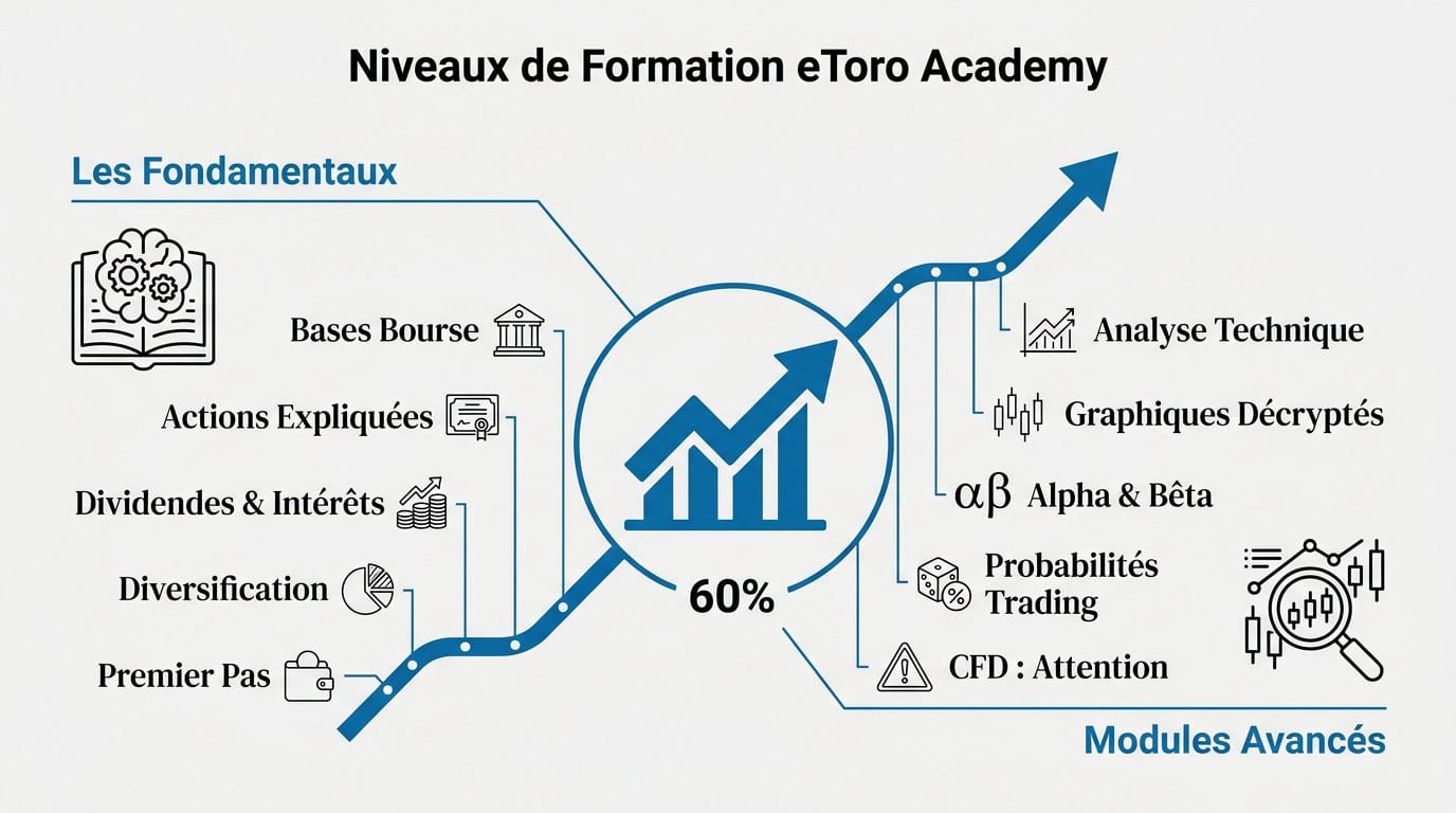 Étudiant consultant les modules de formation en ligne de l'eToro Academy