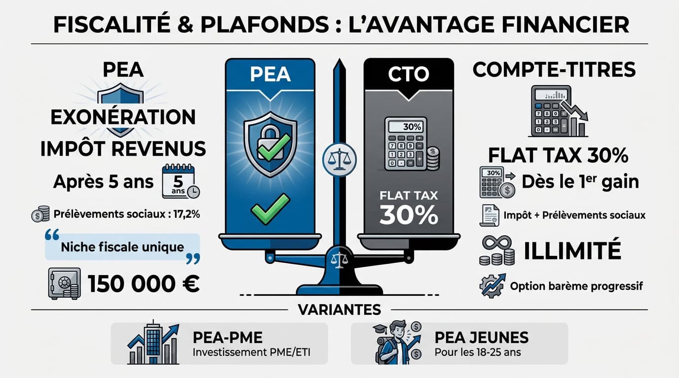 Comparaison fiscale et plafonds entre le PEA et le compte-titres ordinaire