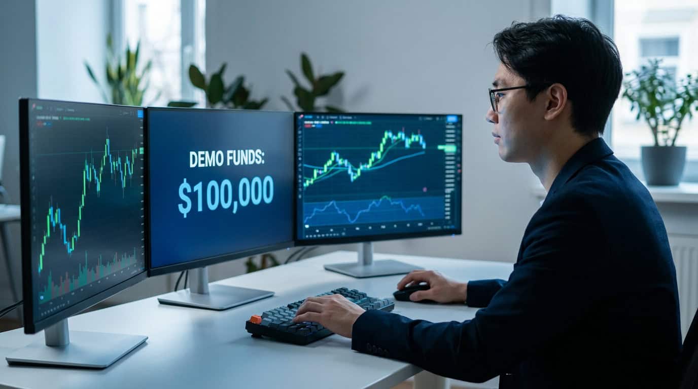 Utiliser un compte démo eToro pour trader Un homme d'affaires devant trois écrans affichant des graphiques boursiers et un solde de 100 000 $ en fonds virtuels.