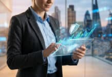 eToro AMF 2026 : régulation et protection des investisseurs Une femme d'affaires utilise une tablette holographique avec des graphiques financiers et des icônes de bouclier de sécurité.