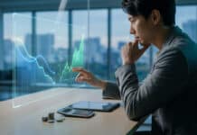 Tout savoir sur eToro frais 2026 pour optimiser vos gains Homme d'affaires analysant des graphiques boursiers numériques futuristes devant une vue sur une ville.