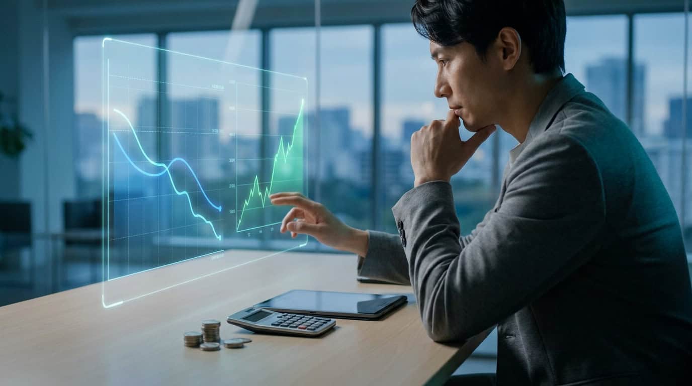 Optimisez vos frais eToro en 2026 Homme d'affaires analysant des graphiques boursiers numériques futuristes devant une vue sur une ville.