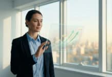 Meilleure assurance vie : comparatif des contrats rentables Une femme d'affaires utilisant une interface holographique affichant des graphiques de croissance financière.
