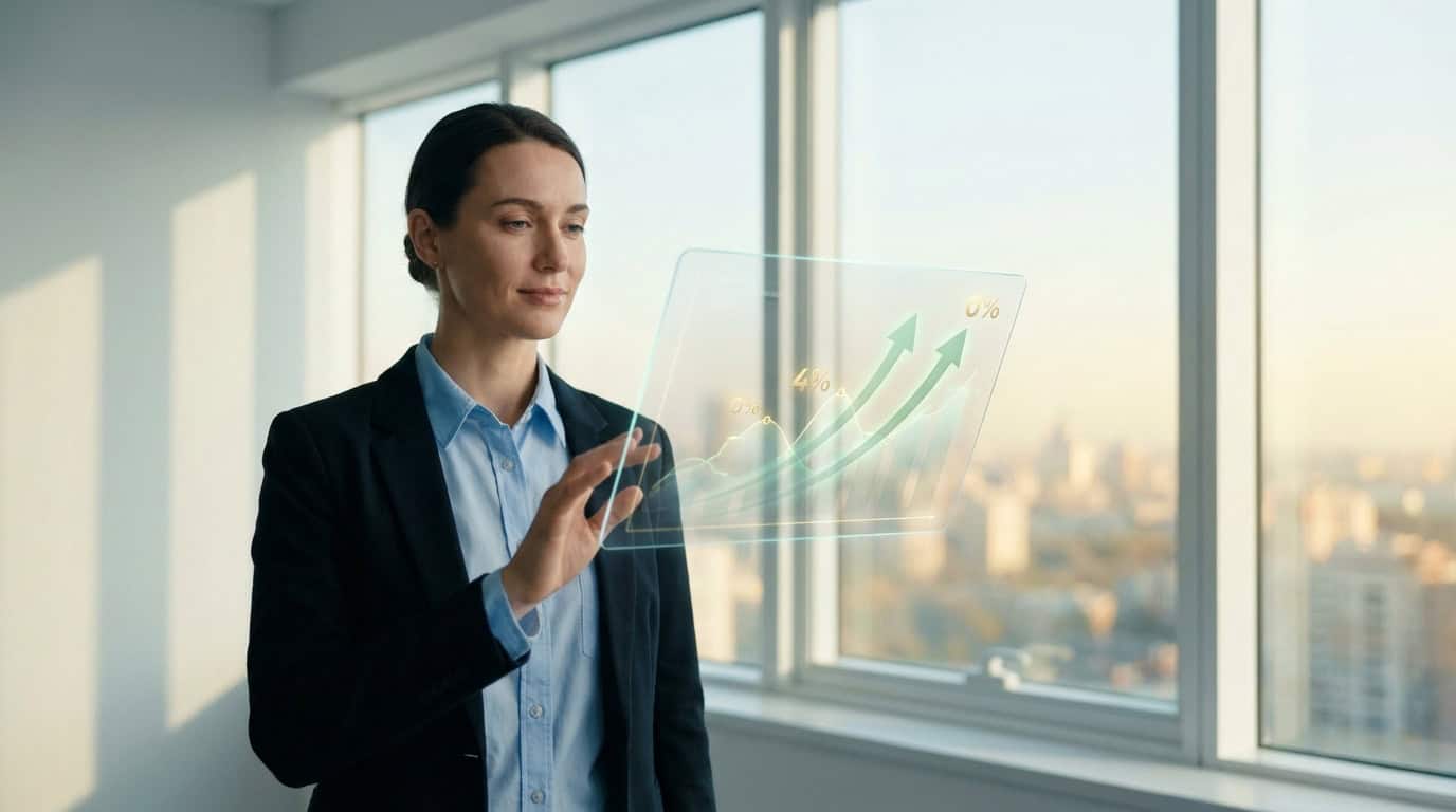 Comparatif assurance vie : optimisez vos rendements Une femme d'affaires utilisant une interface holographique affichant des graphiques de croissance financière.