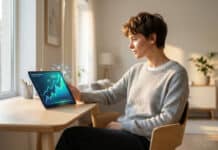 Tout savoir sur le etoro cto : fonctionnement et fiscalité Personne utilisant une tablette avec un graphique boursier numérique et des icônes de réseau social à domicile.