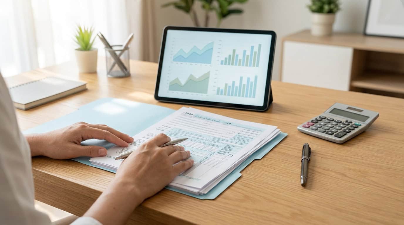 Déclarer vos revenus eToro : guide pratique Personne remplissant un formulaire fiscal avec une tablette affichant des graphiques financiers sur un bureau en bois.