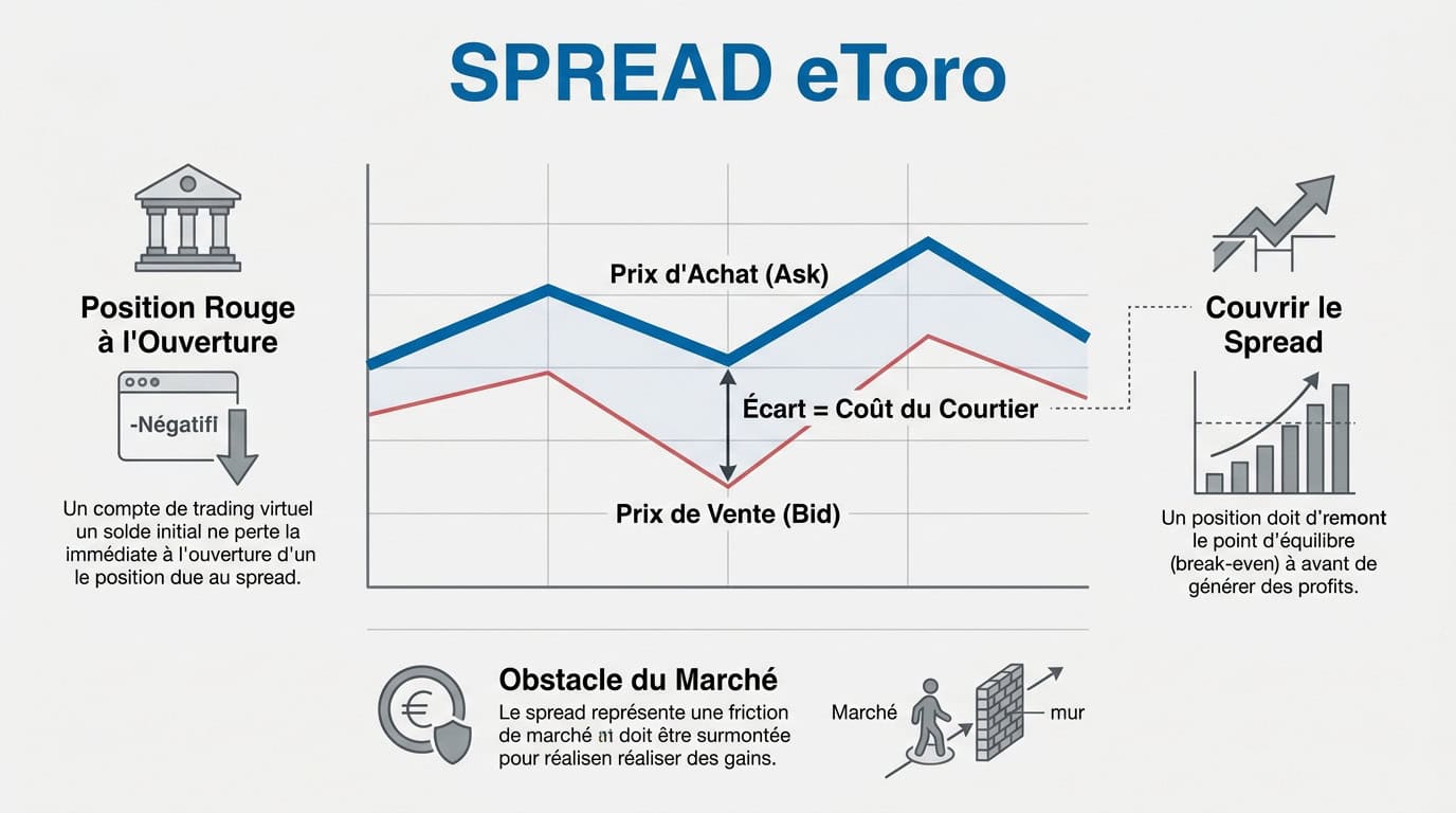 Graphique illustrant l'écart de spread entre l'achat et la vente sur eToro