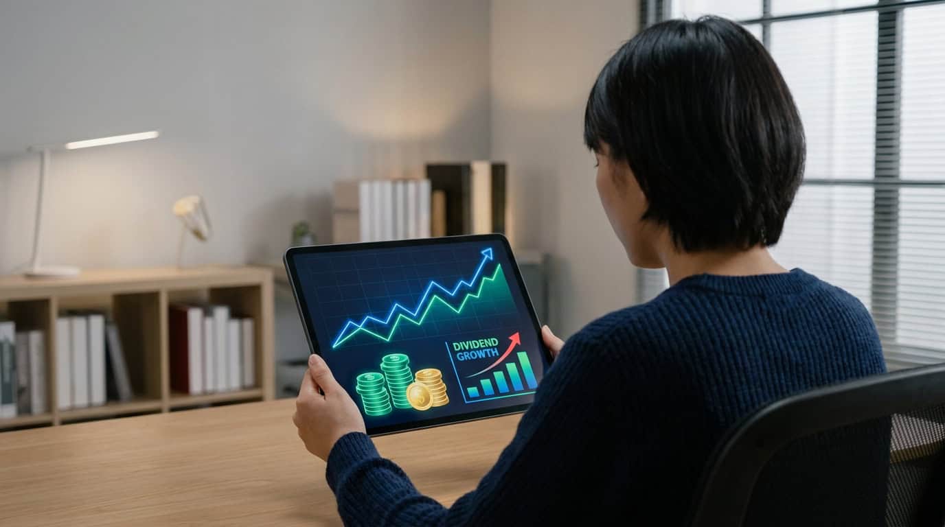 Comprendre les dividendes eToro et leur fiscalité Une personne consulte un graphique de croissance des dividendes sur une tablette numérique dans un bureau.