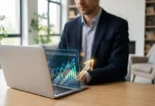 Tout savoir sur le code parrainage eToro et ses bonus Un homme d'affaires travaillant sur un ordinateur portable affichant des graphiques de trading en réalité augmentée.
