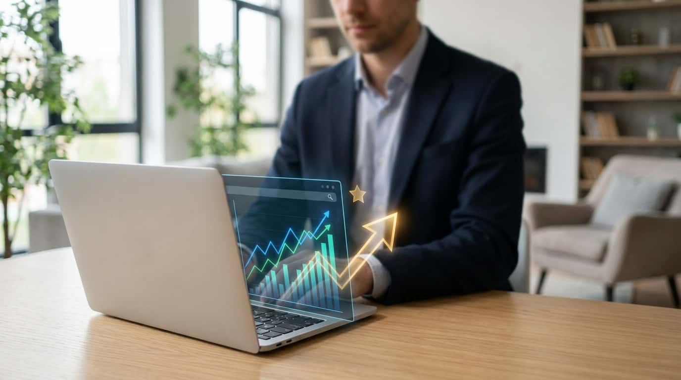 Guide parrainage eToro : optimisez vos gains Un homme d'affaires travaillant sur un ordinateur portable affichant des graphiques de trading en réalité augmentée.