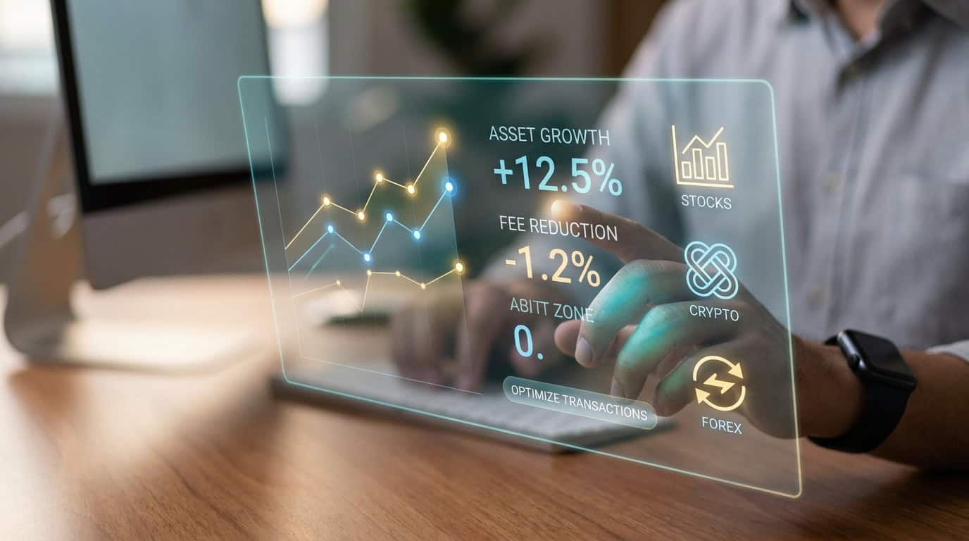 Maîtriser le spread eToro pour optimiser vos frais Un trader utilisant une interface holographique affichant des données financières et des statistiques de réduction de frais.