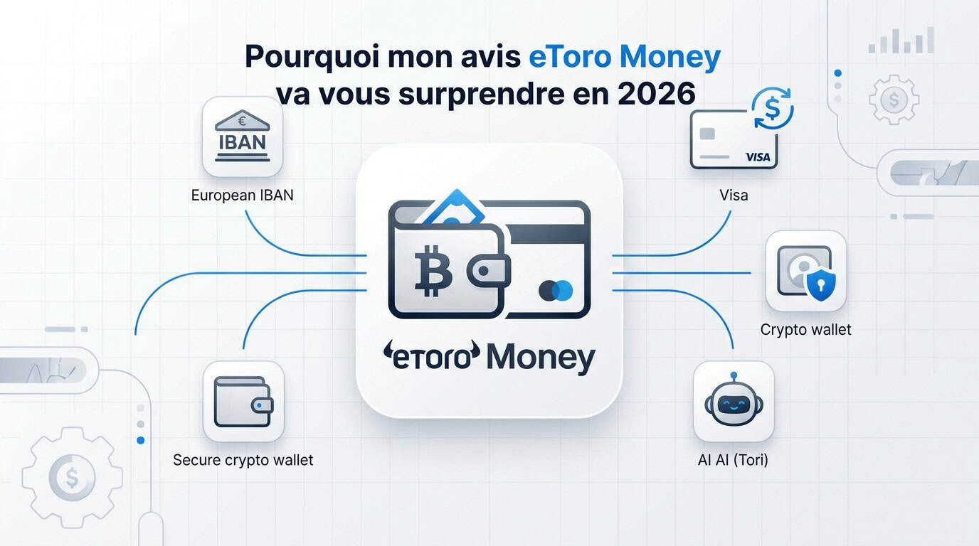 Interface mobile eToro Money affichant la gestion de portefeuille et de cryptomonnaies en 2026