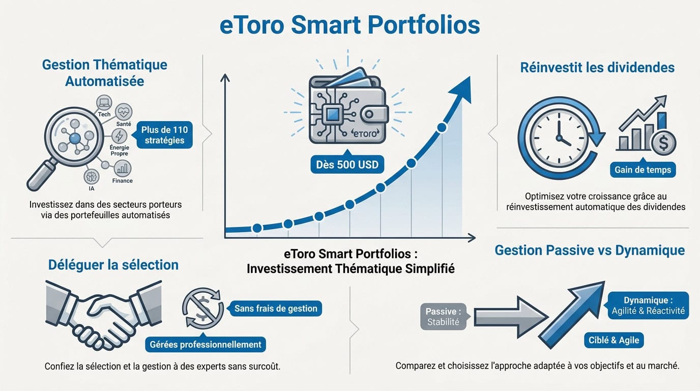 Interface des portefeuilles thématiques automatisés eToro Smart Portfolios