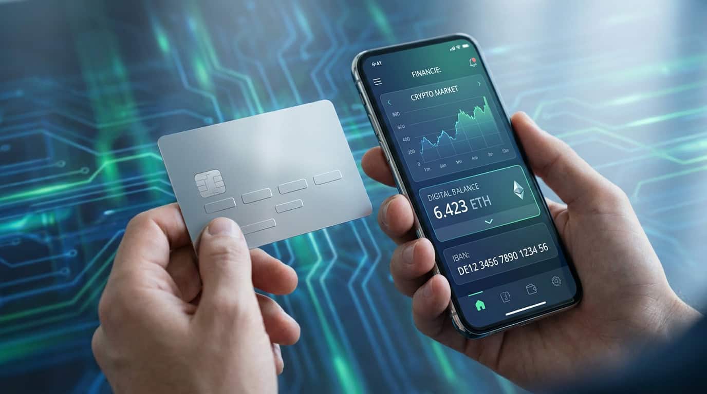 Avis eToro Money : Le futur de la banque numérique Mains tenant une carte bancaire et un smartphone affichant une application de gestion de cryptomonnaies.