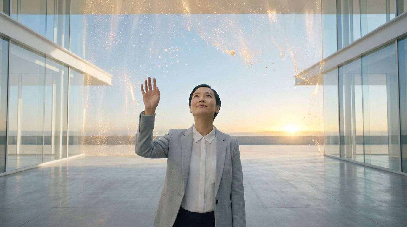 Assurance vie : une liberté d'investissement sans limite Une femme d'affaires contemple une pluie de particules dorées dans un environnement architectural moderne au lever du soleil.