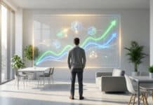 Comment investir avec les etoro smart portfolios Un homme regarde un écran holographique affichant des graphiques financiers et des symboles de cryptomonnaies.