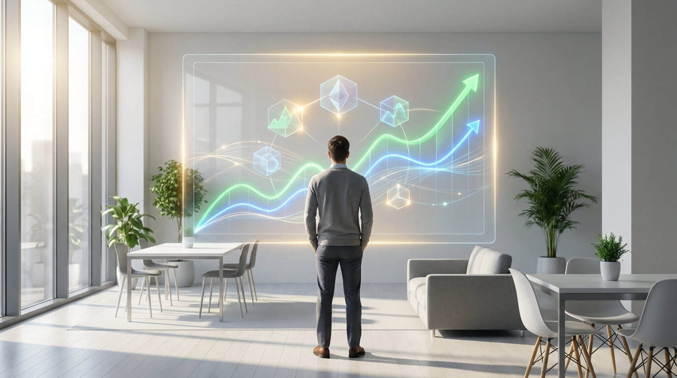 Investir avec les eToro Smart Portfolios Un homme regarde un écran holographique affichant des graphiques financiers et des symboles de cryptomonnaies.