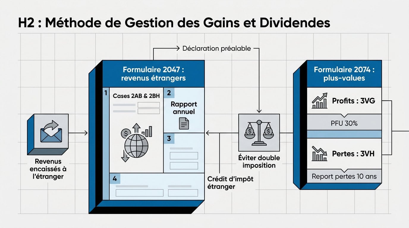 Schéma explicatif du processus de déclaration des dividendes et gains eToro à l'étranger