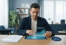 Fiscalité eToro : comment déclarer vos gains et dividendes Un homme d'affaires consulte des graphiques boursiers en réalité augmentée sur sa tablette pour sa déclaration fiscale.