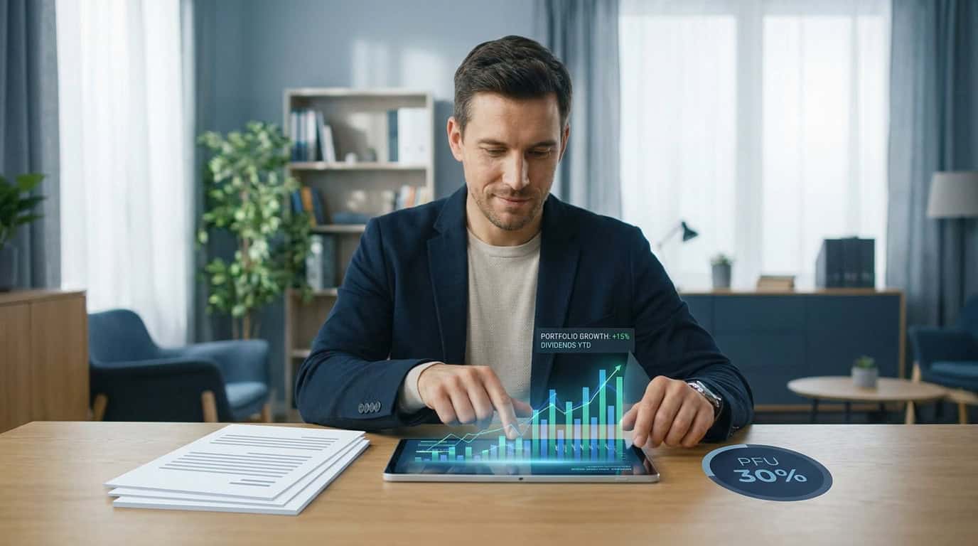 Déclaration fiscale eToro : comprendre les gains et dividendes Un homme d'affaires consulte des graphiques boursiers en réalité augmentée sur sa tablette pour sa déclaration fiscale.