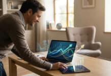 Fiscalité assurance vie : optimisez vos gains après 8 ans Un homme souriant consulte des graphiques financiers en 3D sur son ordinateur portable dans un intérieur chaleureux.