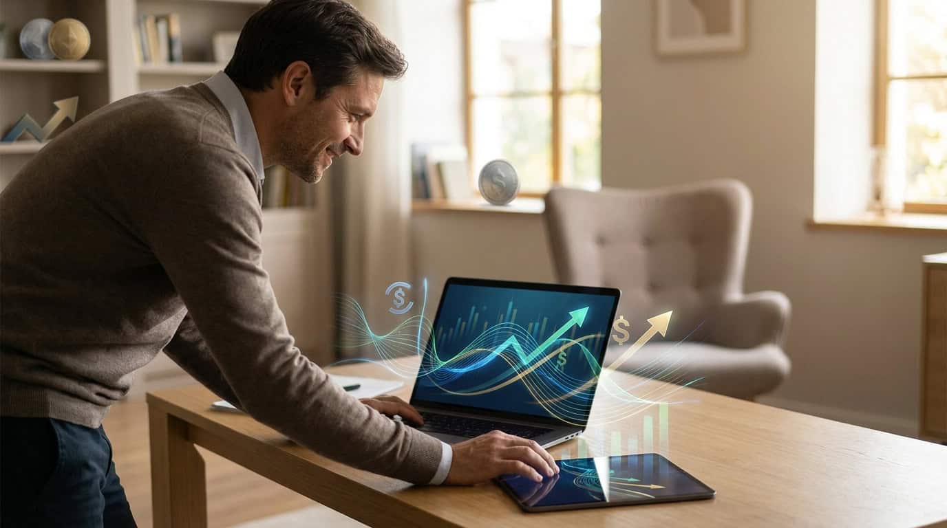 Optimisez vos gains en assurance vie après 8 ans Un homme souriant consulte des graphiques financiers en 3D sur son ordinateur portable dans un intérieur chaleureux.