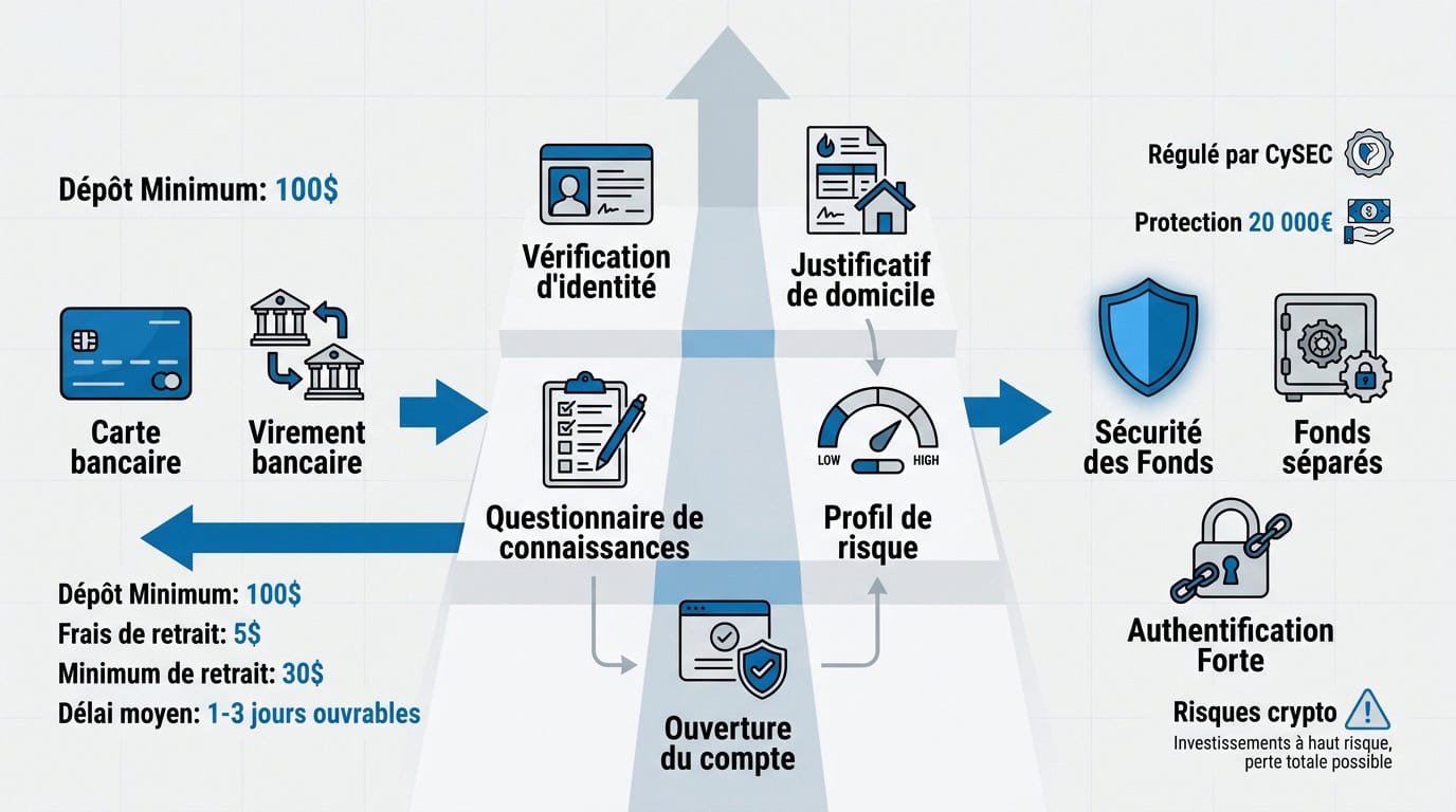 Infographie détaillant les étapes d'ouverture de compte et de dépôt de fonds sur eToro