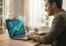 Investir en etoro etf : trackers et fonds sans commission Un homme souriant travaille sur son ordinateur affichant un graphique de croissance boursière et une icône de commission zéro.